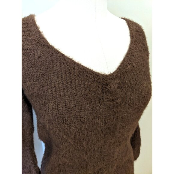 Womens Fuzzy Knit Brown Sweater Dress Ruched Party Fall V-Neck Casual Cozy Sz M - Picture 5 of 9